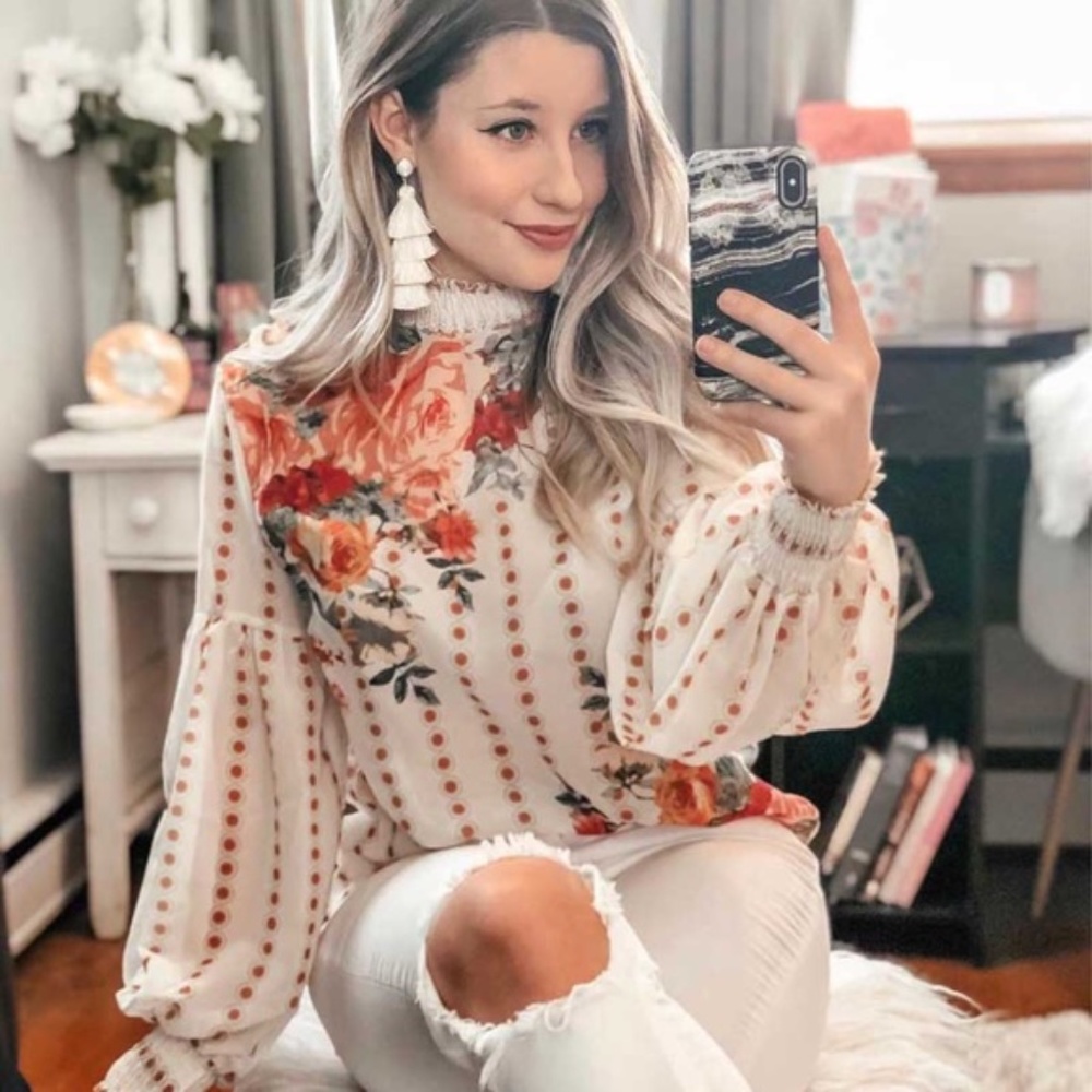 boho cream mock neck floral print dot blouse ruffl